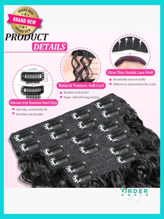 6 Pcs Curly Clip In Hair Extensions 18 Clips Water Wave 22 Inch Full Head main image 2